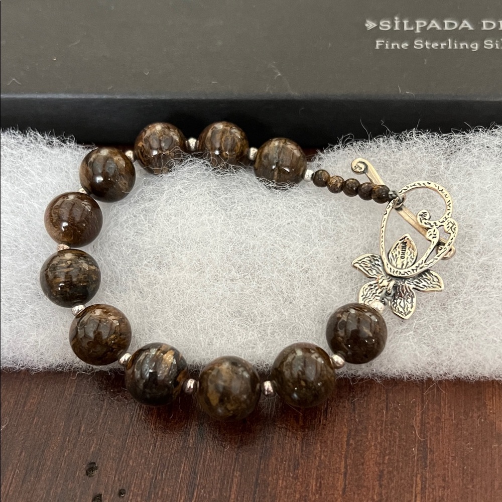 Silpada NIB Bracelet Sterling Silver Bronzite Bead Toggle Flower Clasp B1365 - Picture 6 of 6